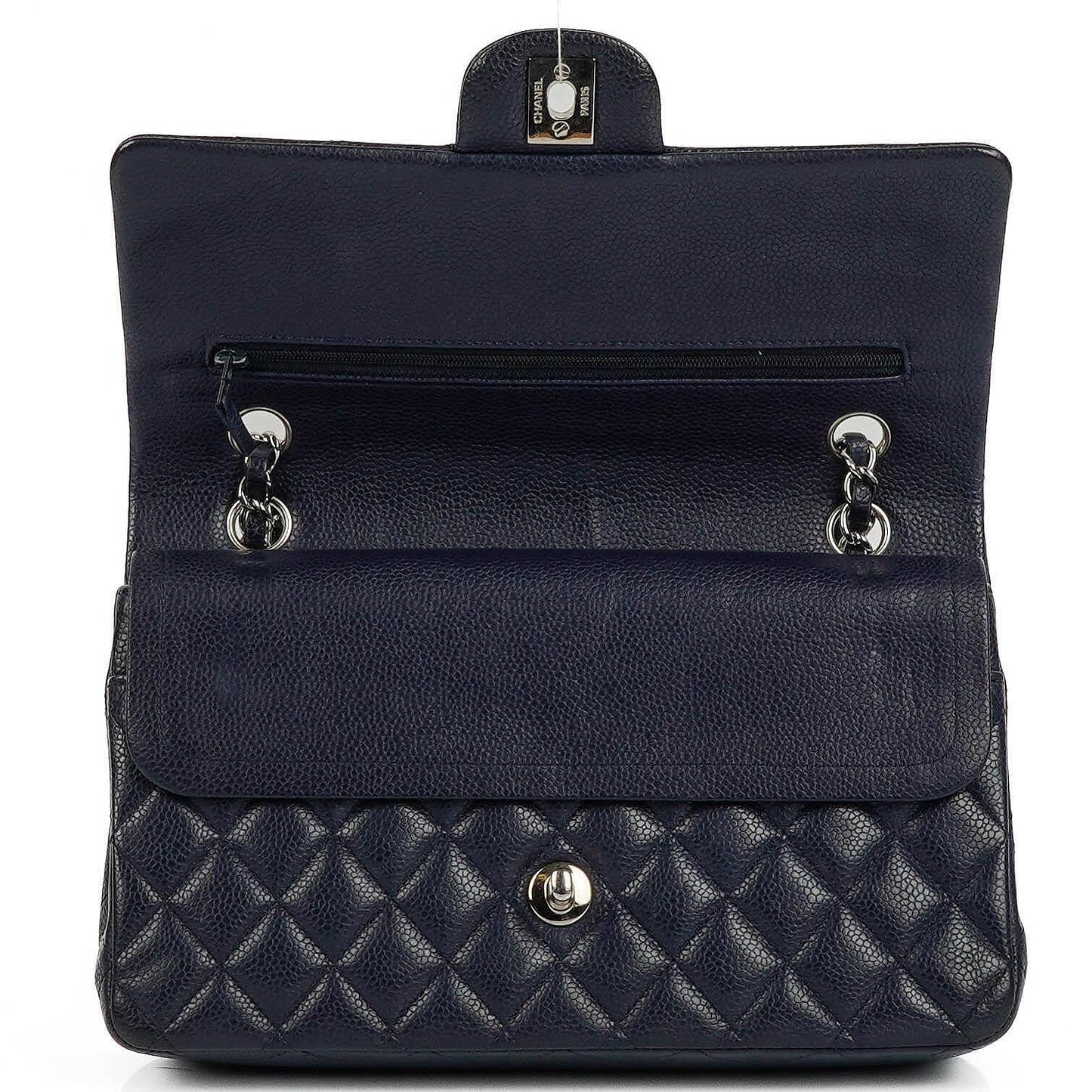 Chanel Klassische Medium Double Flap Tasche in Marineblau Gepolstertes Kaviarleder und Silberfarbene Beschläge