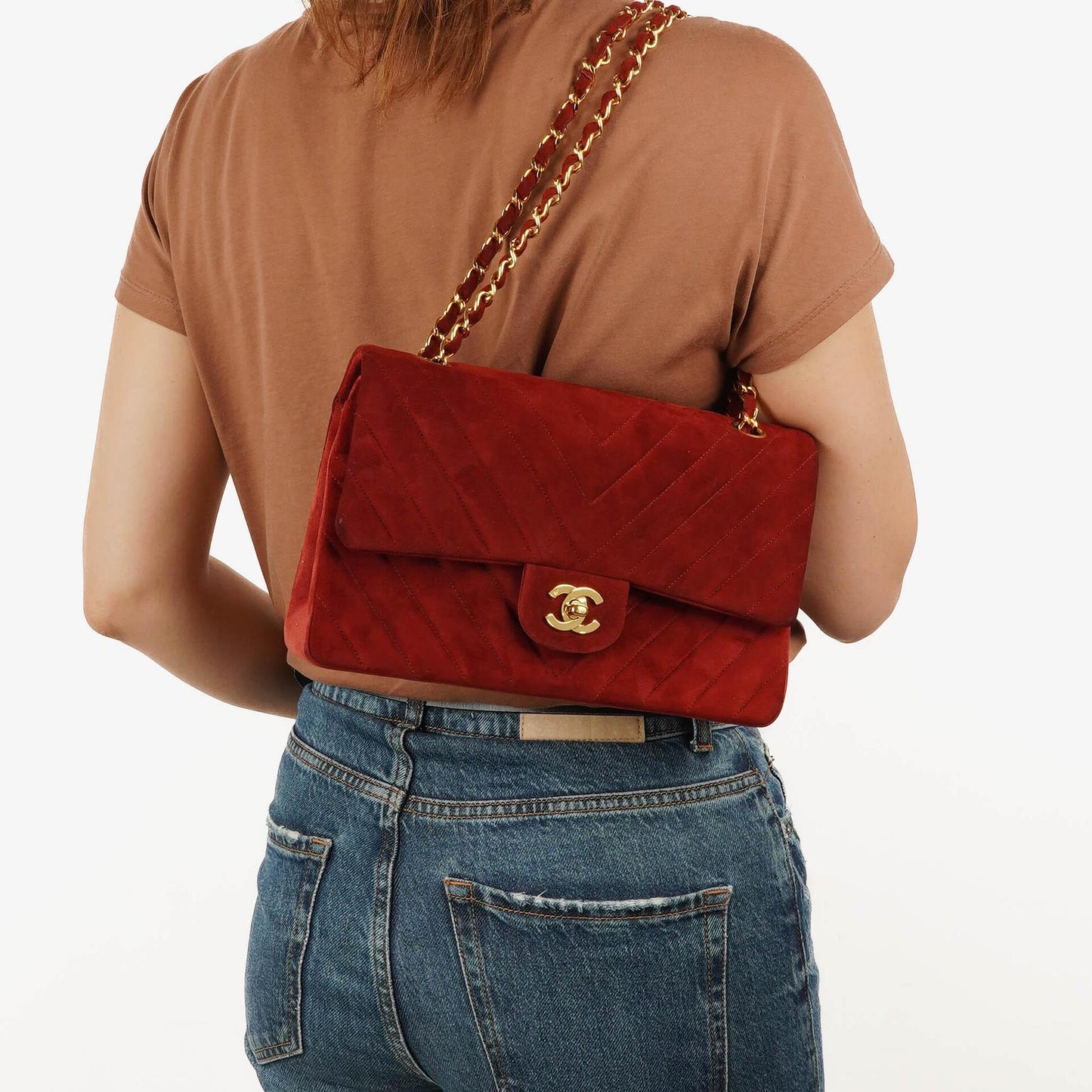 Chanel Classic Medium Double Flap Bag in Rot Gequiltetes Wildleder und 24K Goldbeschläge