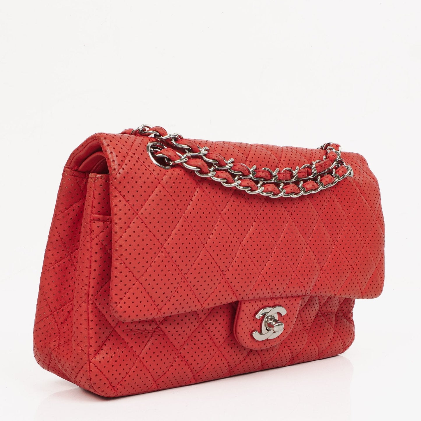 Chanel Classic Medium Double Flap Tasche aus rotem perforiertem gestepptem Lammleder