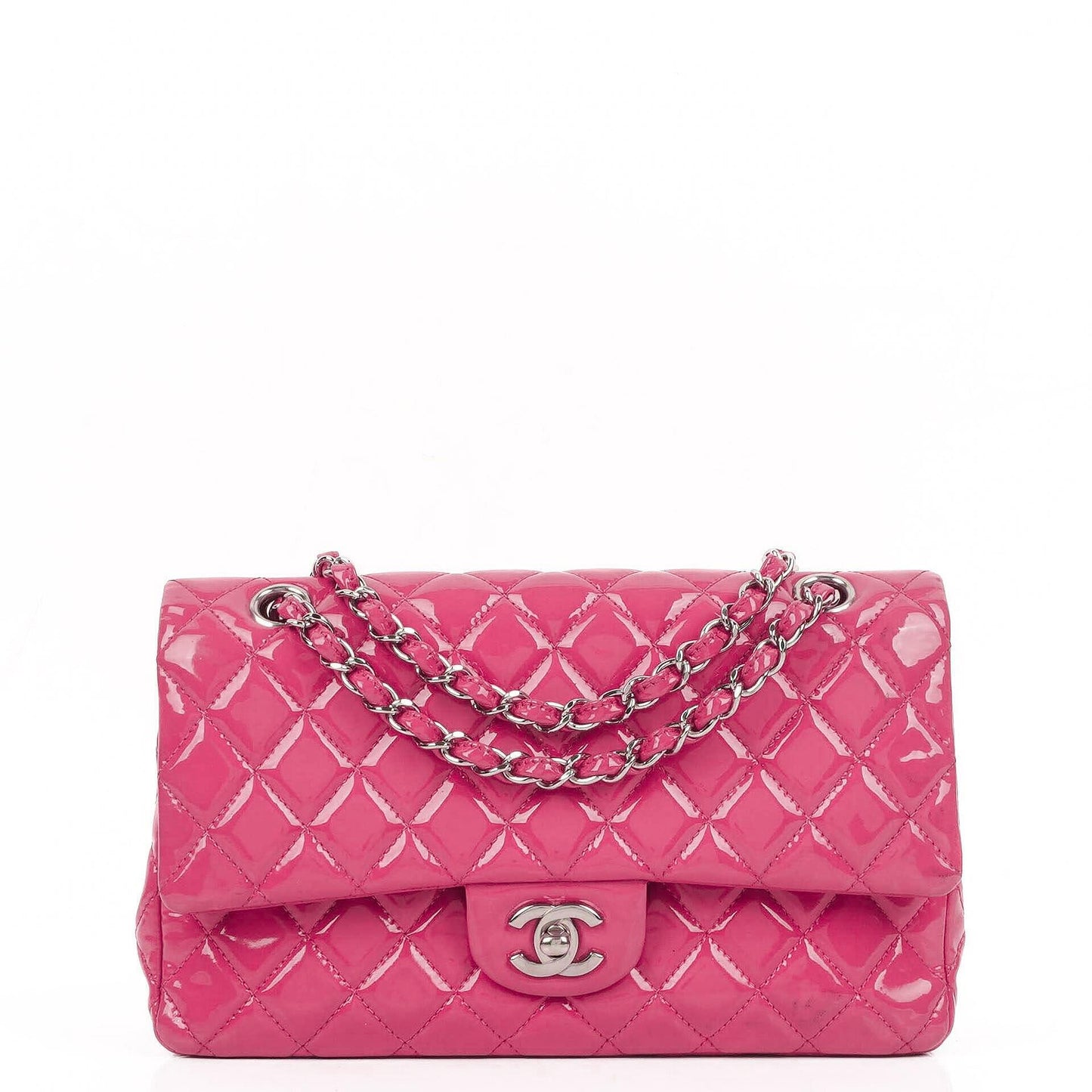 Chanel Classic Medium pinke gesteppte Doppelklappentasche aus Lackleder mit Silberbeschlägen