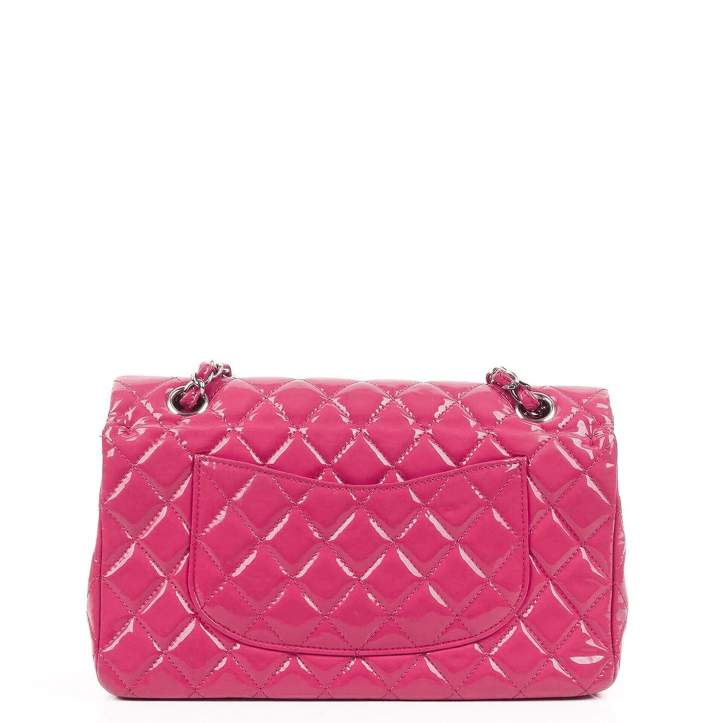 Chanel Classic Medium pinke gesteppte Doppelklappentasche aus Lackleder mit Silberbeschlägen