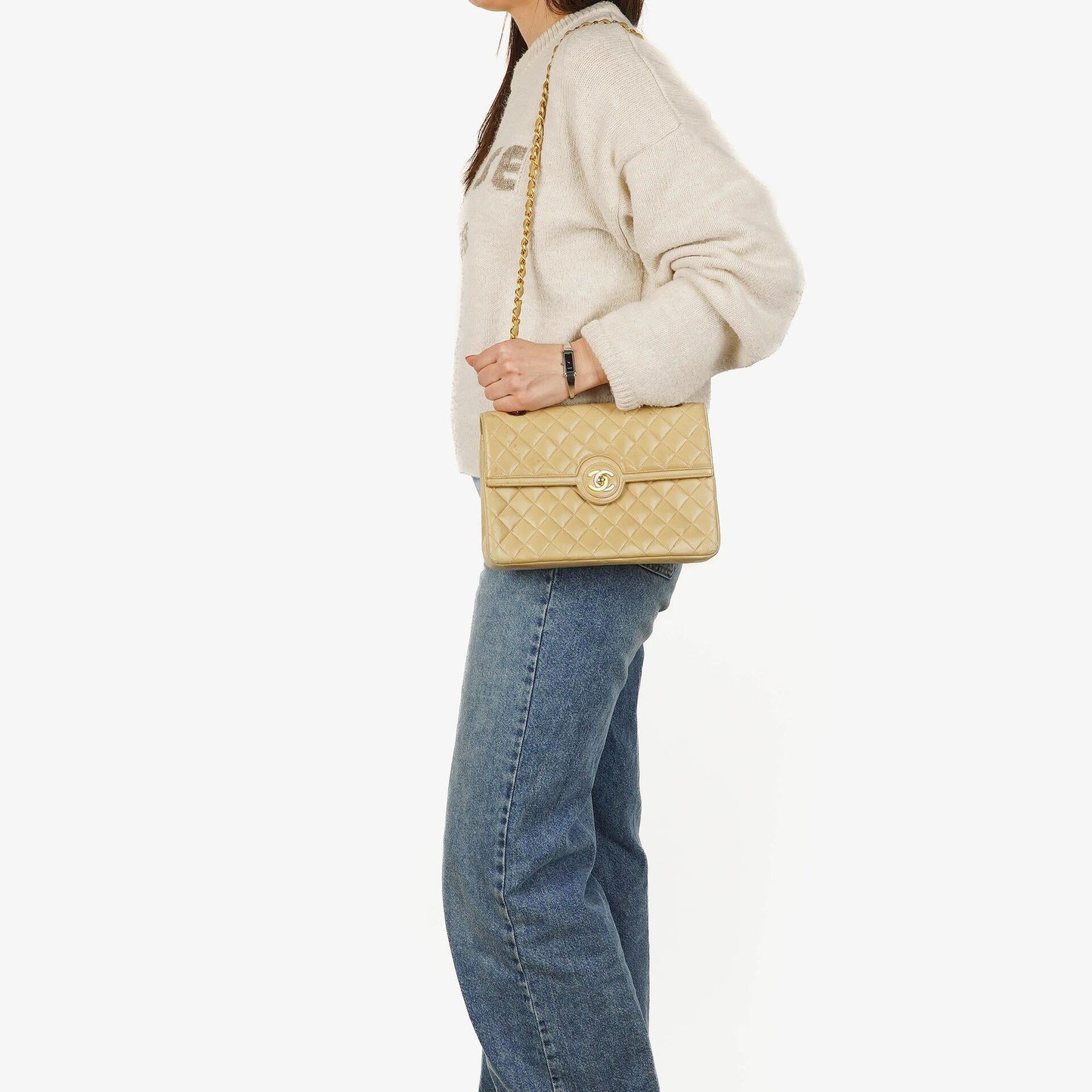 Chanel Classic Medium Single Flap Bag aus beigem gestepptem Leder mit gold- und silberfarbener Kombi-Hardware