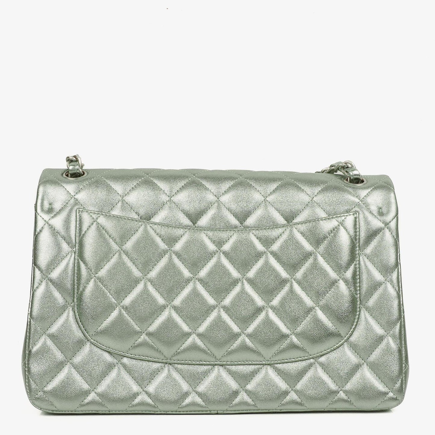 Chanel Classic Jumbo Double Flap Tasche aus metallic-grünem gestepptem Lammleder