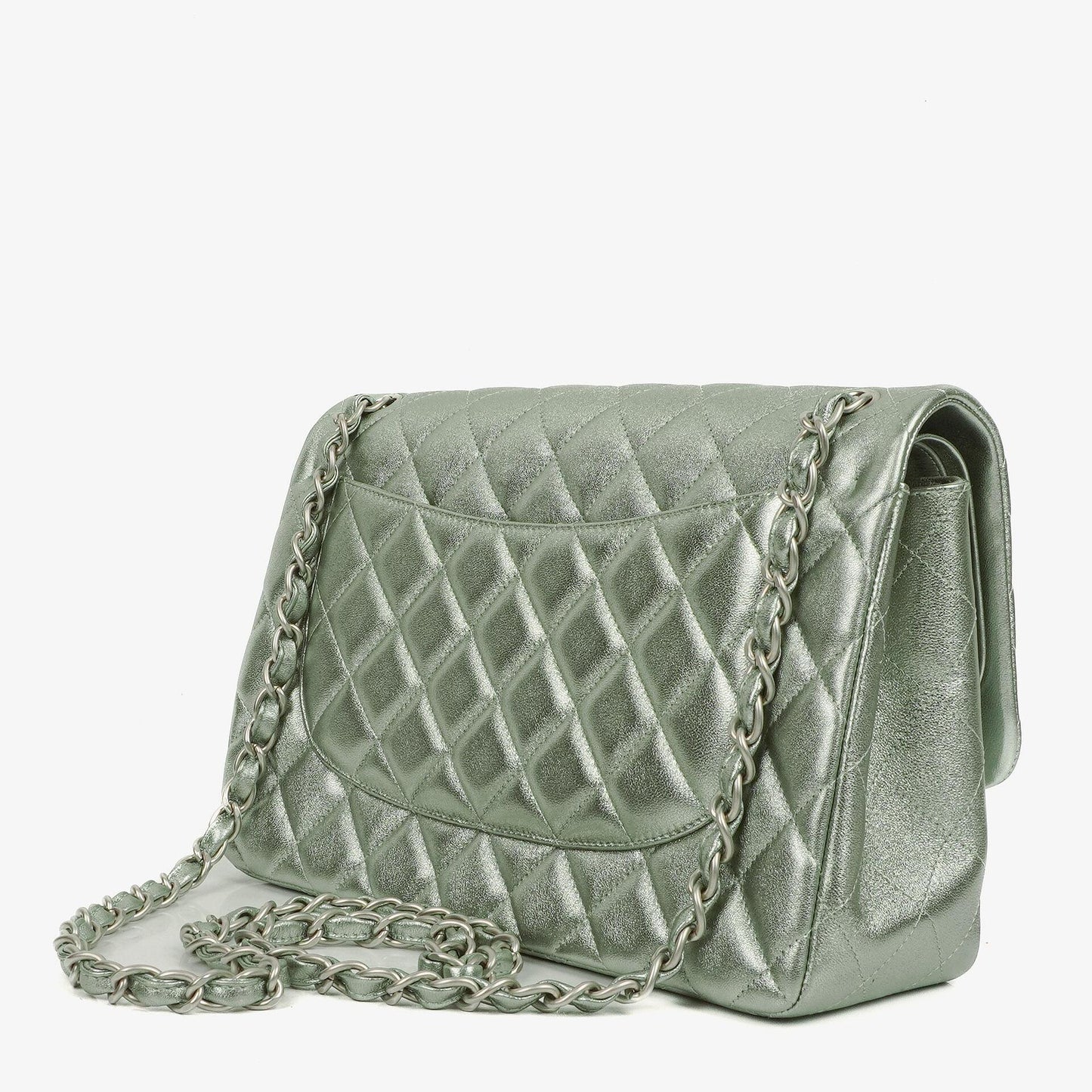 Chanel Classic Jumbo Double Flap Tasche aus metallic-grünem gestepptem Lammleder
