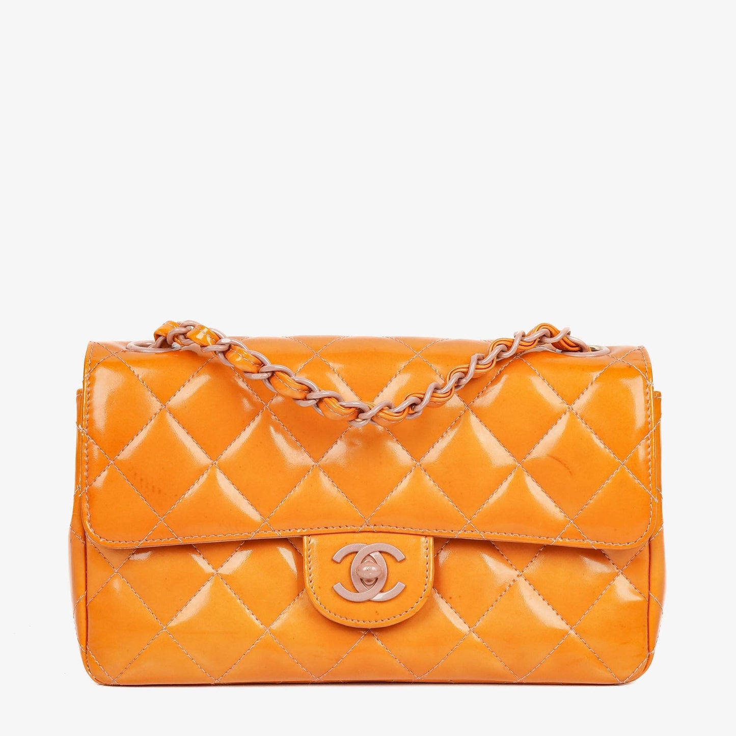 Chanel Classic Mini rechteckige Single Flap Tasche aus orangefarbenem Lackleder