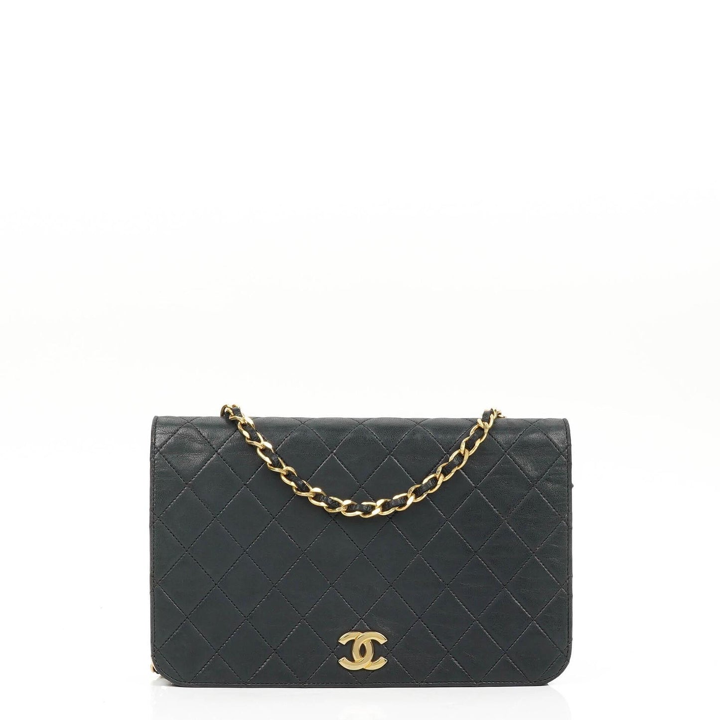 Chanel Classic Full Flap Bag, Marineblau gestepptes Lammleder, Goldfarbene Hardware