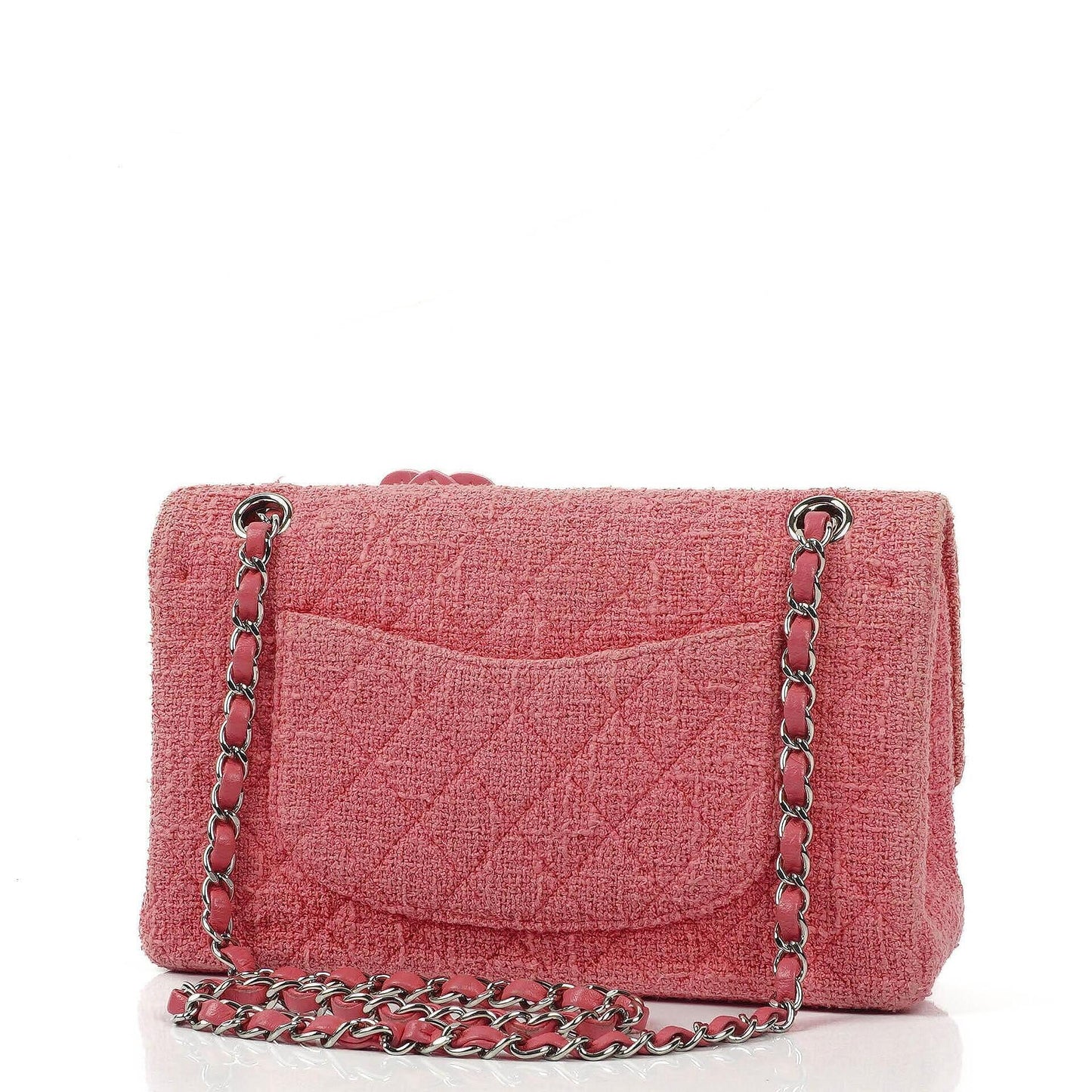 Chanel Classic Medium Double Flap Tasche aus rosa Tweed mit Kristallperlen-Blumenverzierung, Steppung und silberner Hardware