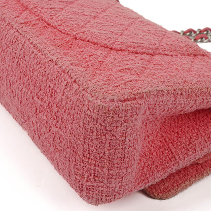 Chanel Classic Medium Double Flap Tasche aus rosa Tweed mit Kristallperlen-Blumenverzierung, Steppung und silberner Hardware