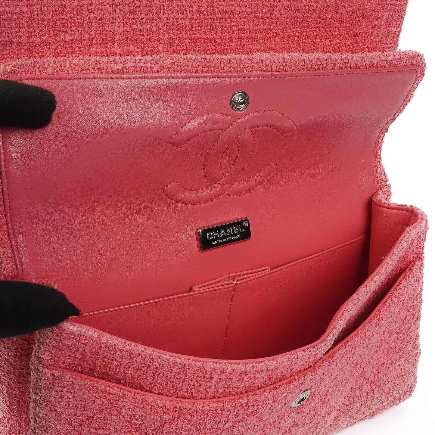 Chanel Classic Medium Double Flap Tasche aus rosa Tweed mit Kristallperlen-Blumenverzierung, Steppung und silberner Hardware