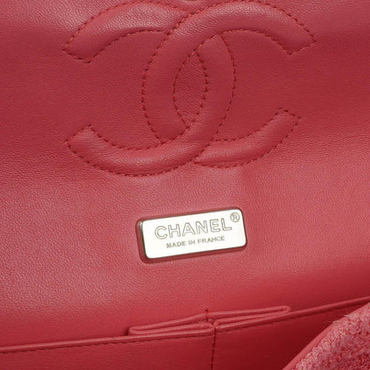 Chanel Classic Medium Double Flap Tasche aus rosa Tweed mit Kristallperlen-Blumenverzierung, Steppung und silberner Hardware
