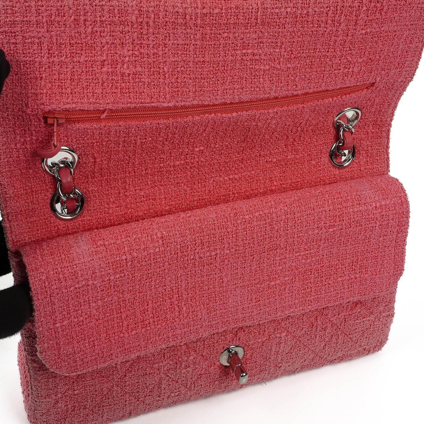 Chanel Classic Medium Double Flap Tasche aus rosa Tweed mit Kristallperlen-Blumenverzierung, Steppung und silberner Hardware