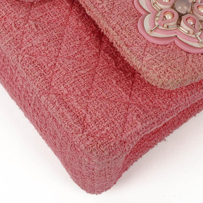 Chanel Classic Medium Double Flap Tasche aus rosa Tweed mit Kristallperlen-Blumenverzierung, Steppung und silberner Hardware