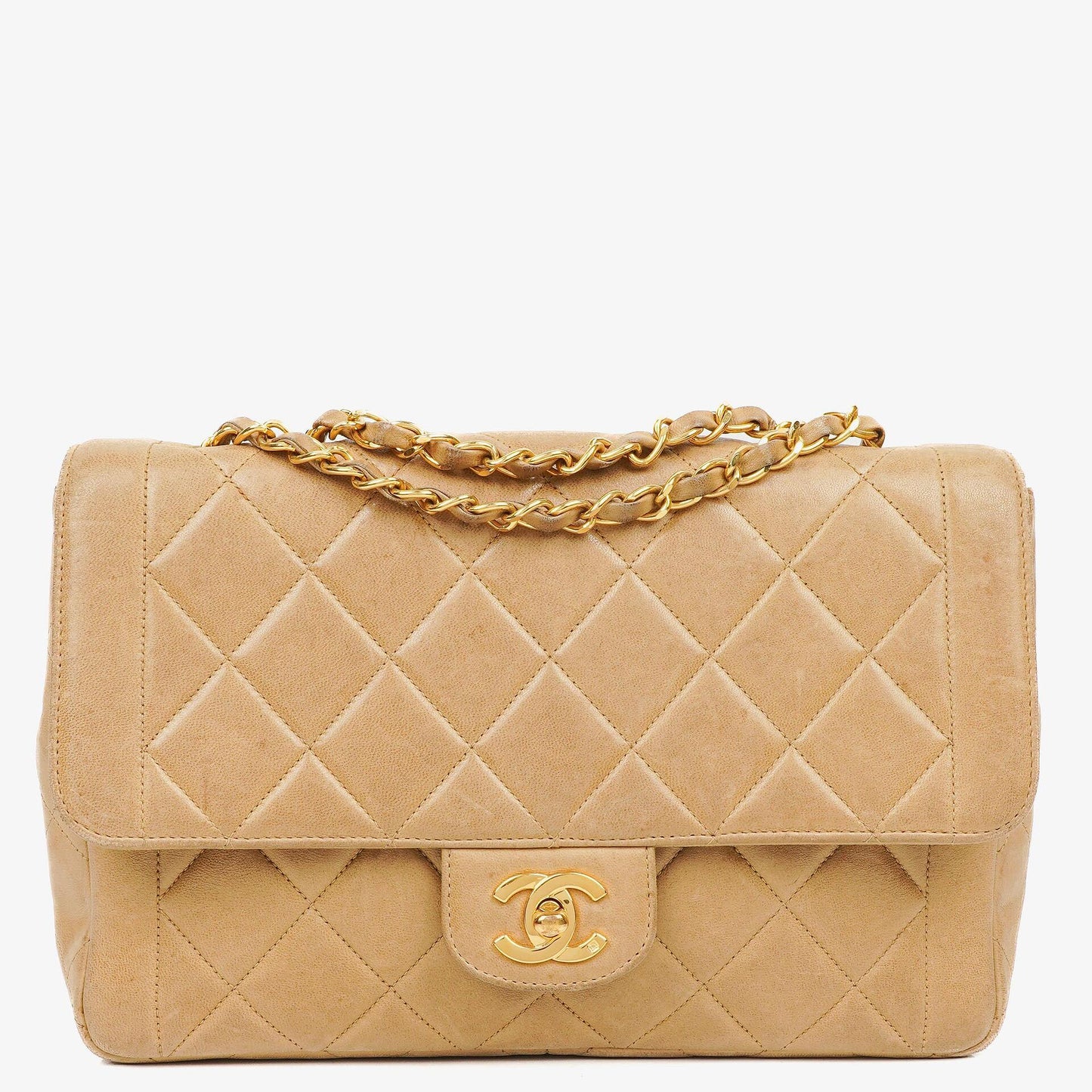 Chanel Classic Single Flap Tasche aus beigem gestepptem Lammleder mit 24K vergoldeter Hardware