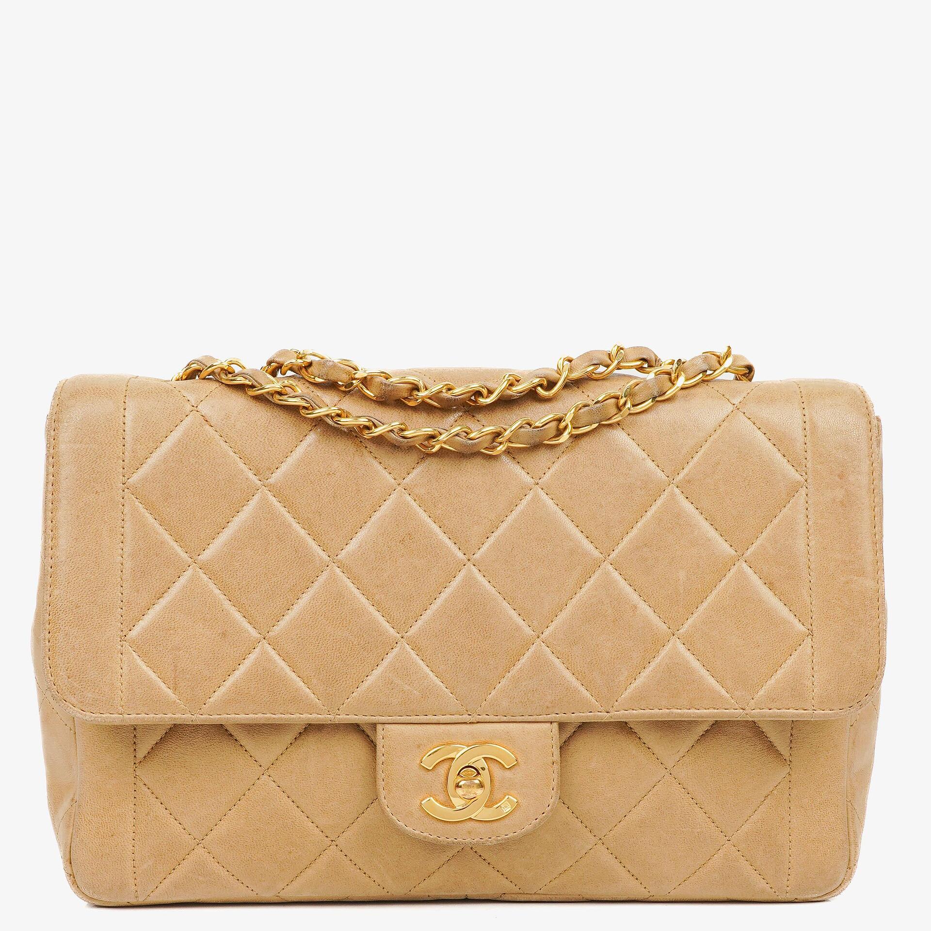 Chanel Classic Single Flap Tasche aus beigem gestepptem Lammleder mit 24K vergoldeter Hardware