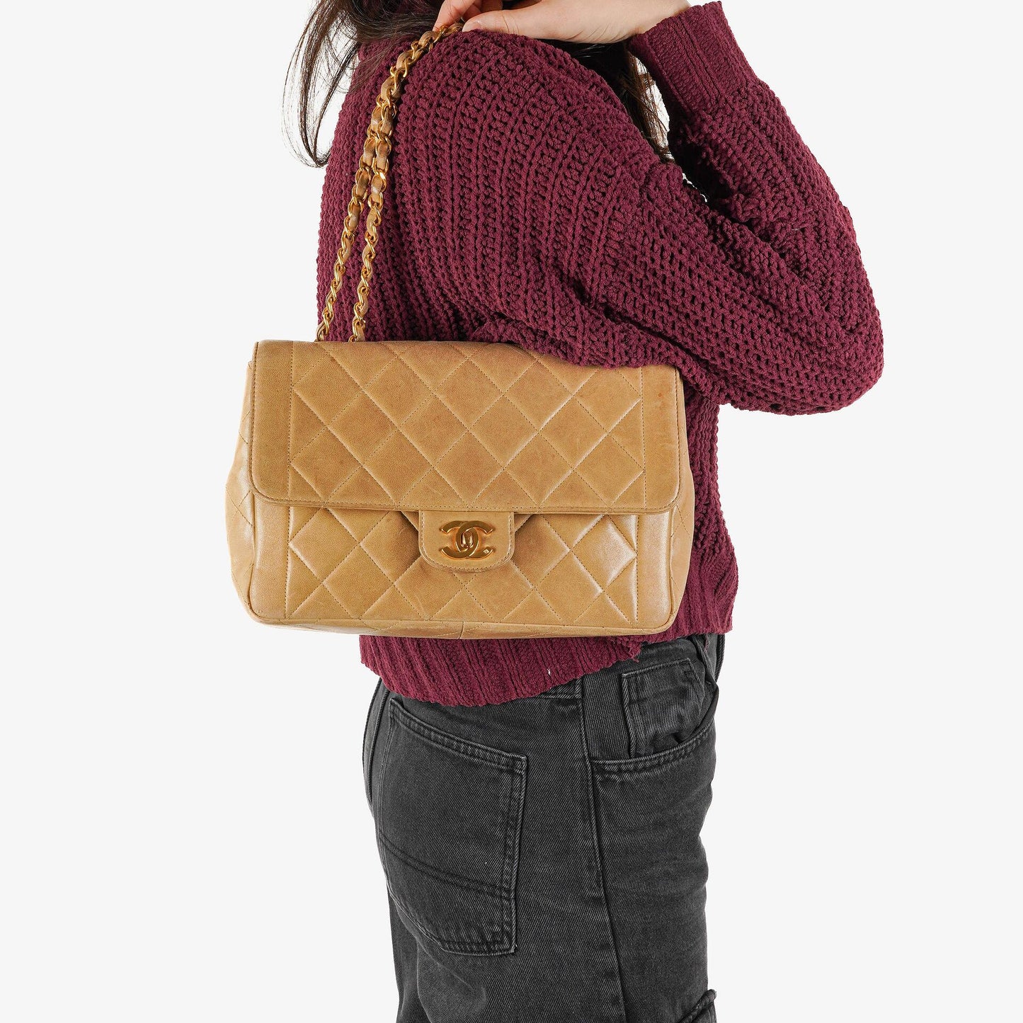 Chanel Classic Single Flap Tasche aus beigem gestepptem Lammleder mit 24K vergoldeter Hardware