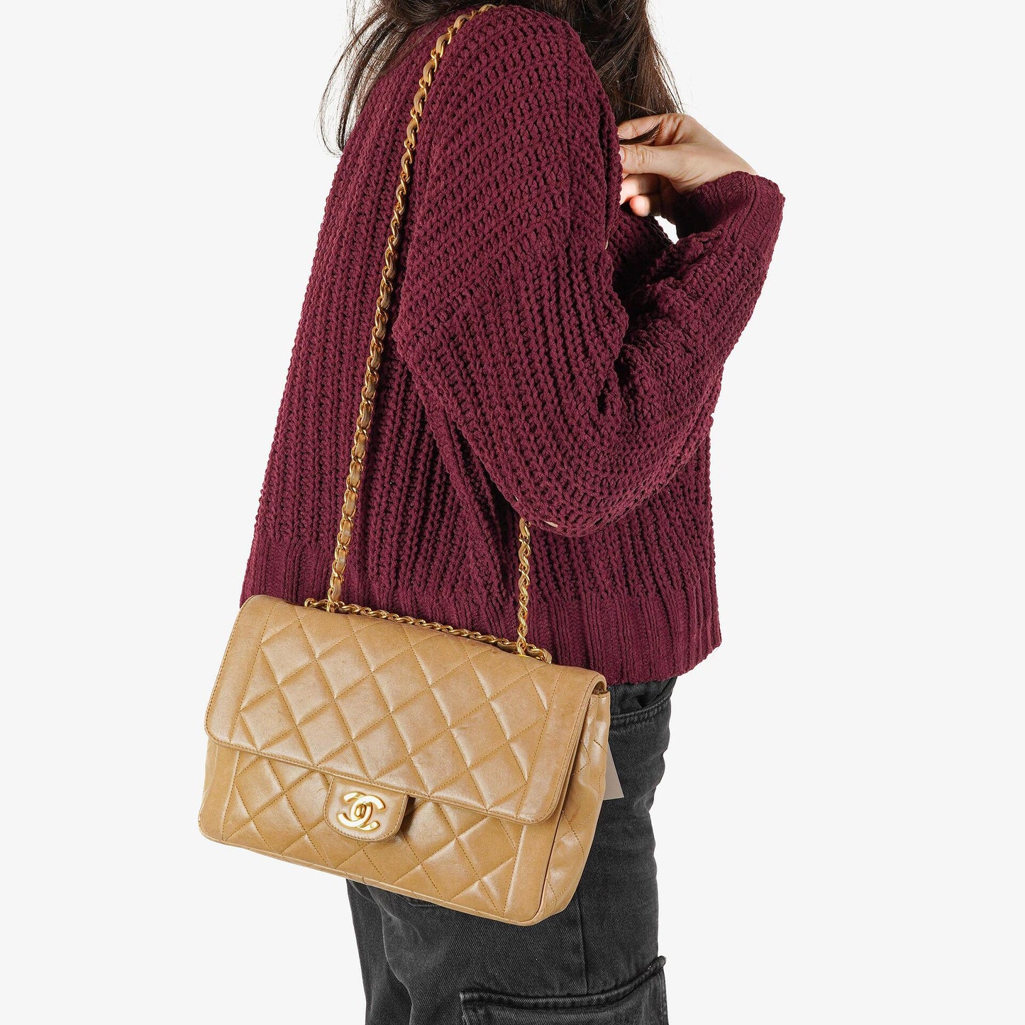 Chanel Classic Single Flap Tasche aus beigem gestepptem Lammleder mit 24K vergoldeter Hardware