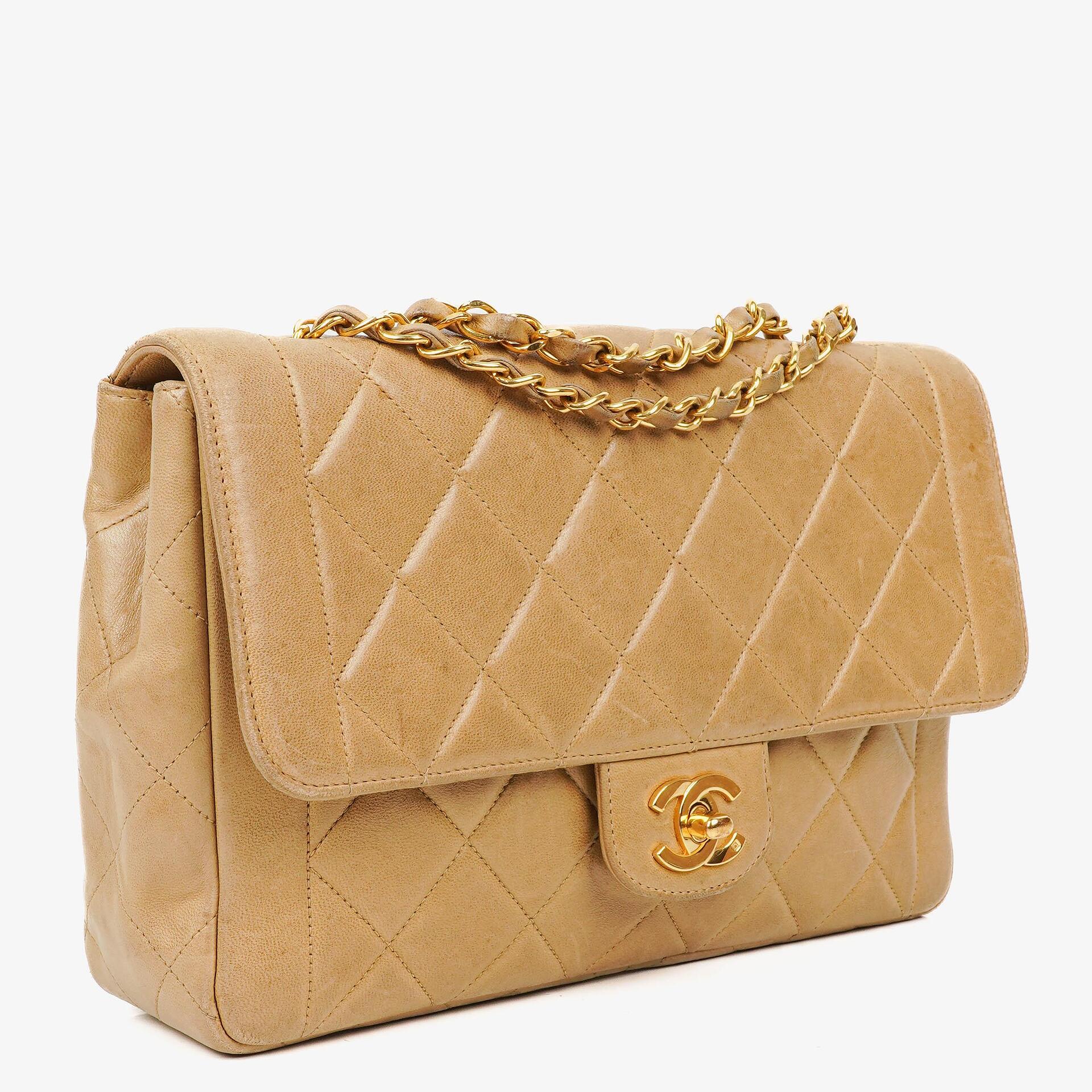 Chanel Classic Single Flap Tasche aus beigem gestepptem Lammleder mit 24K vergoldeter Hardware