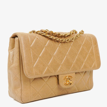 Chanel Classic Single Flap Tasche aus beigem gestepptem Lammleder mit 24K vergoldeter Hardware