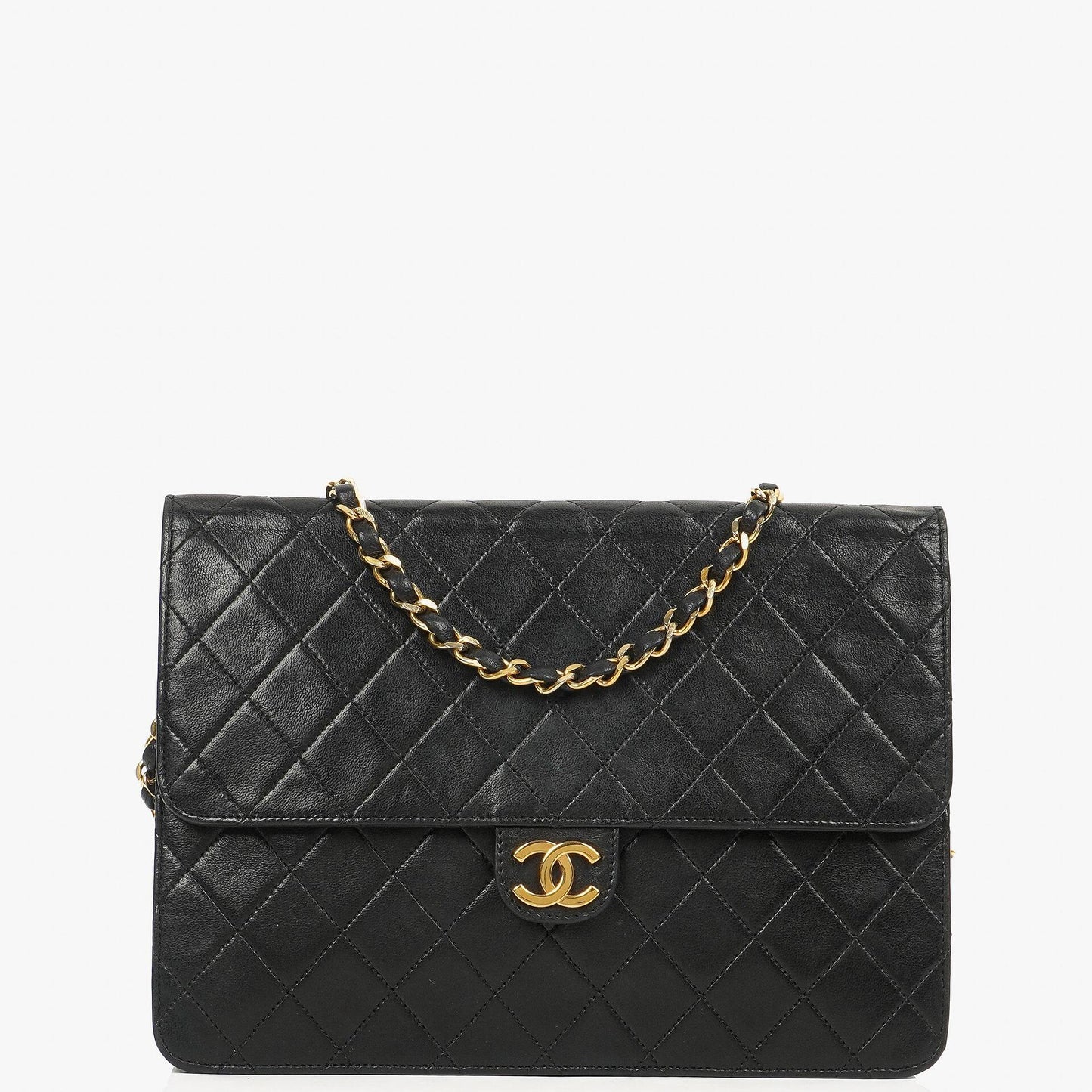 Chanel Klassische Einzelklappen Tasche Schwarze Gequiltete Lammleder Goldfarbenes Zubehör Mittel