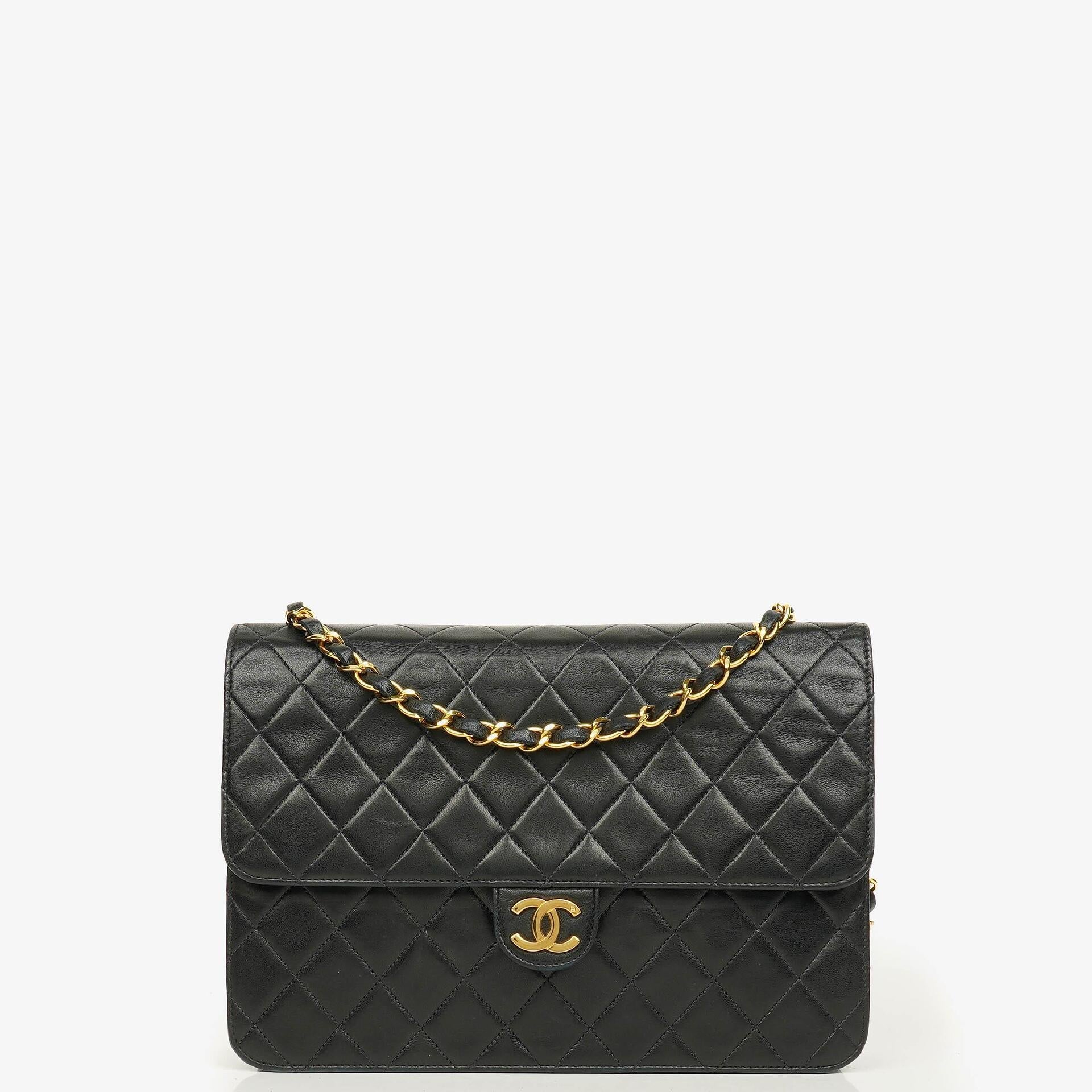 Chanel Classic Single Flap Tasche aus schwarzem gestepptem Lammleder mit 24K vergoldeter Hardware