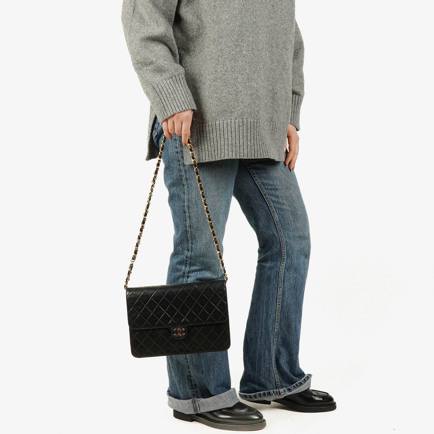 Chanel Classic Single Flap Tasche aus schwarzem gestepptem Lammleder mit 24K vergoldeter Hardware