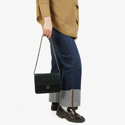 Chanel Classic Single Flap Bag aus schwarzem gestepptem Lammleder mit 24K vergoldeten Beschlägen