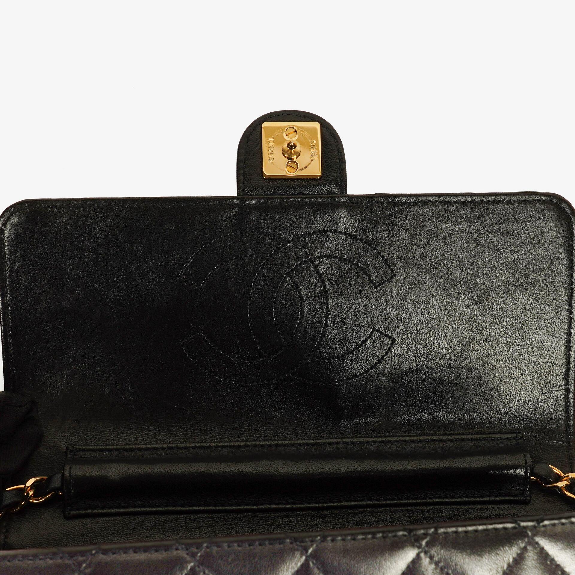 Chanel Classic Single Flap Tasche aus schwarzem gestepptem Lammleder mit 24K vergoldeter Hardware