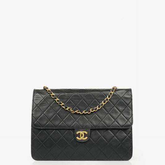 Chanel Classic Single Flap Tasche aus schwarzem gestepptem Lammleder mit 24K vergoldeten Beschlägen