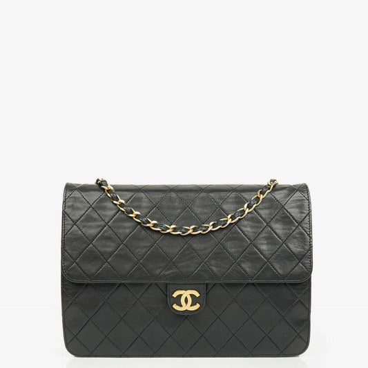 Chanel Classic Einzelklapp-Tasche Schwarzes Steppiertes Lammleder Mit 24K Vergoldeter Hardware