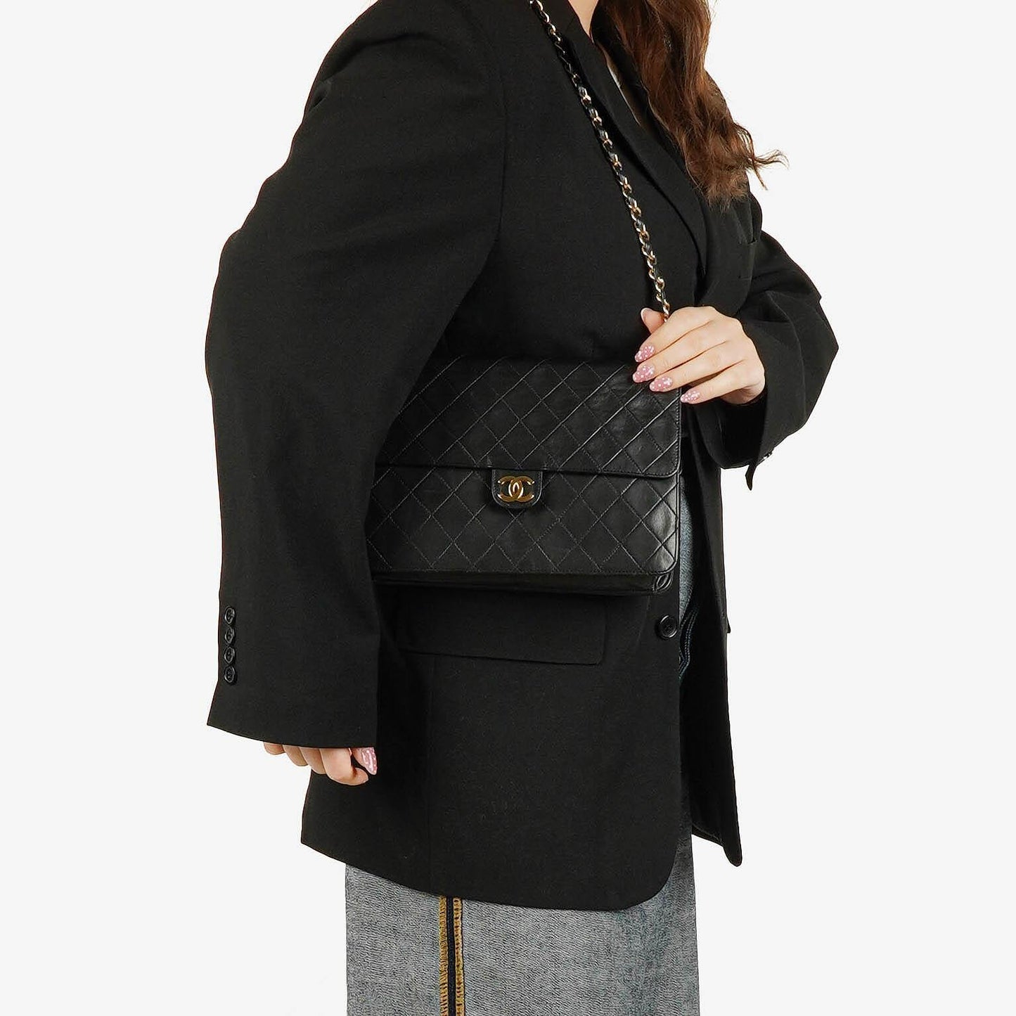 Chanel Classic Einzelklapp-Tasche Schwarzes Steppiertes Lammleder Mit 24K Vergoldeter Hardware