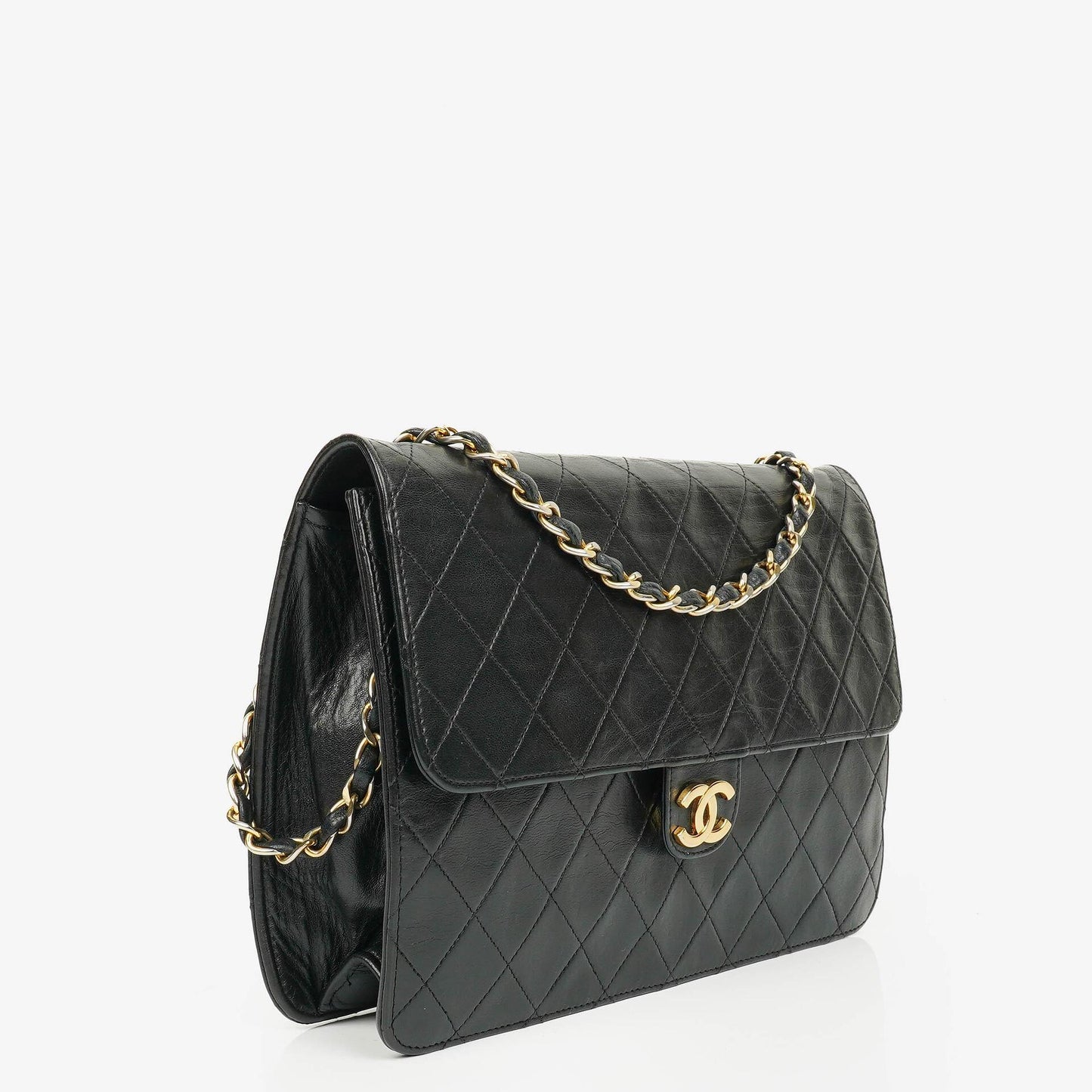 Chanel Classic Einzelklapp-Tasche Schwarzes Steppiertes Lammleder Mit 24K Vergoldeter Hardware