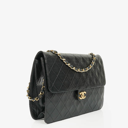 Chanel Classic Einzelklapp-Tasche Schwarzes Steppiertes Lammleder Mit 24K Vergoldeter Hardware