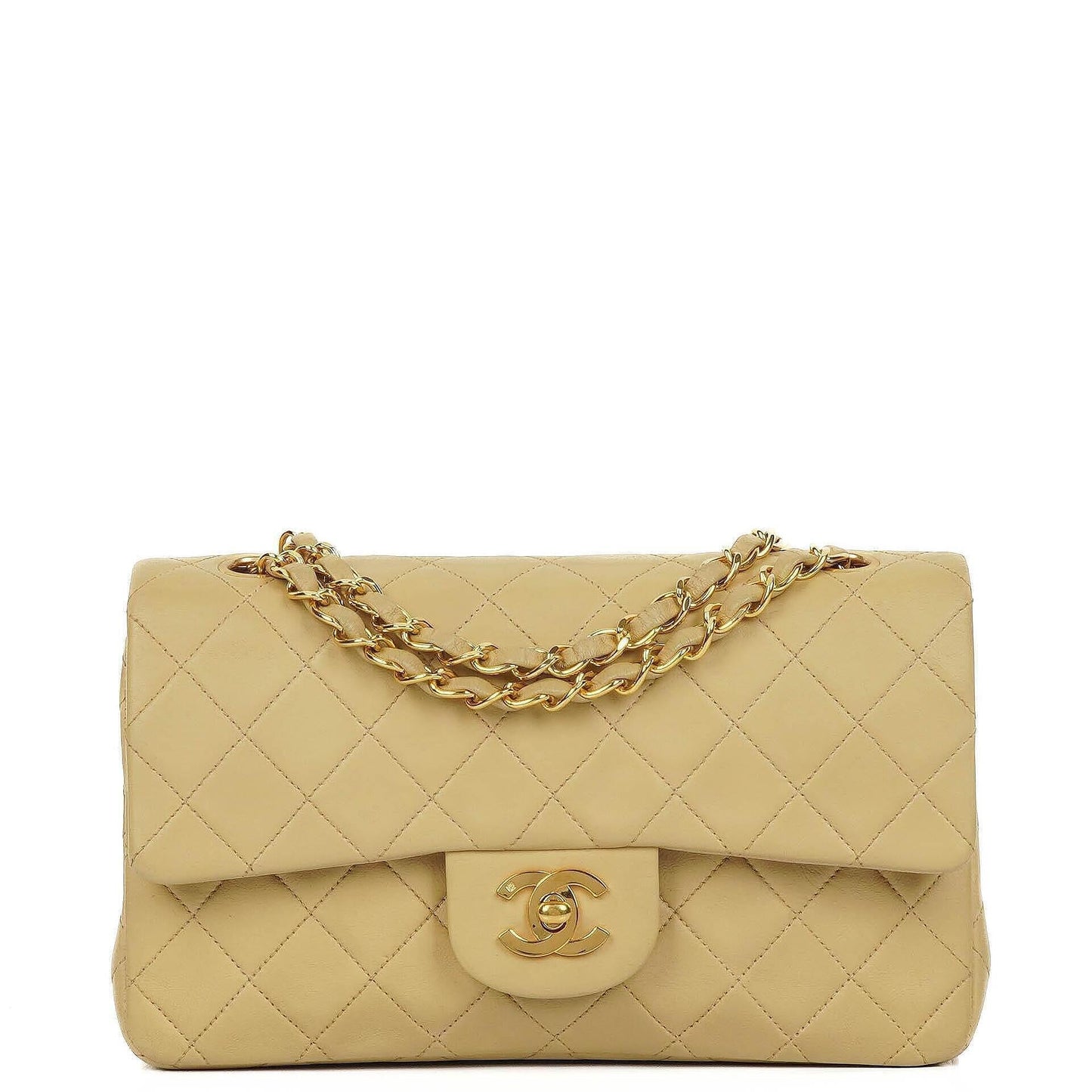 Chanel Classic Kleine Double Flap Tasche aus beigem gestepptem Lammleder mit 24K vergoldeter Hardware