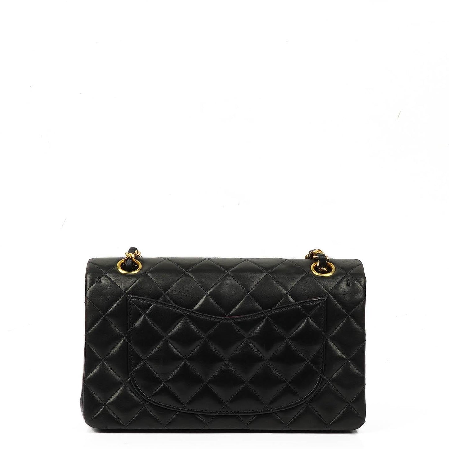 Chanel Klassische Kleine Doppelklappen-Tasche aus schwarzem, gestepptem Lammleder und 24K vergoldeten Beschlägen