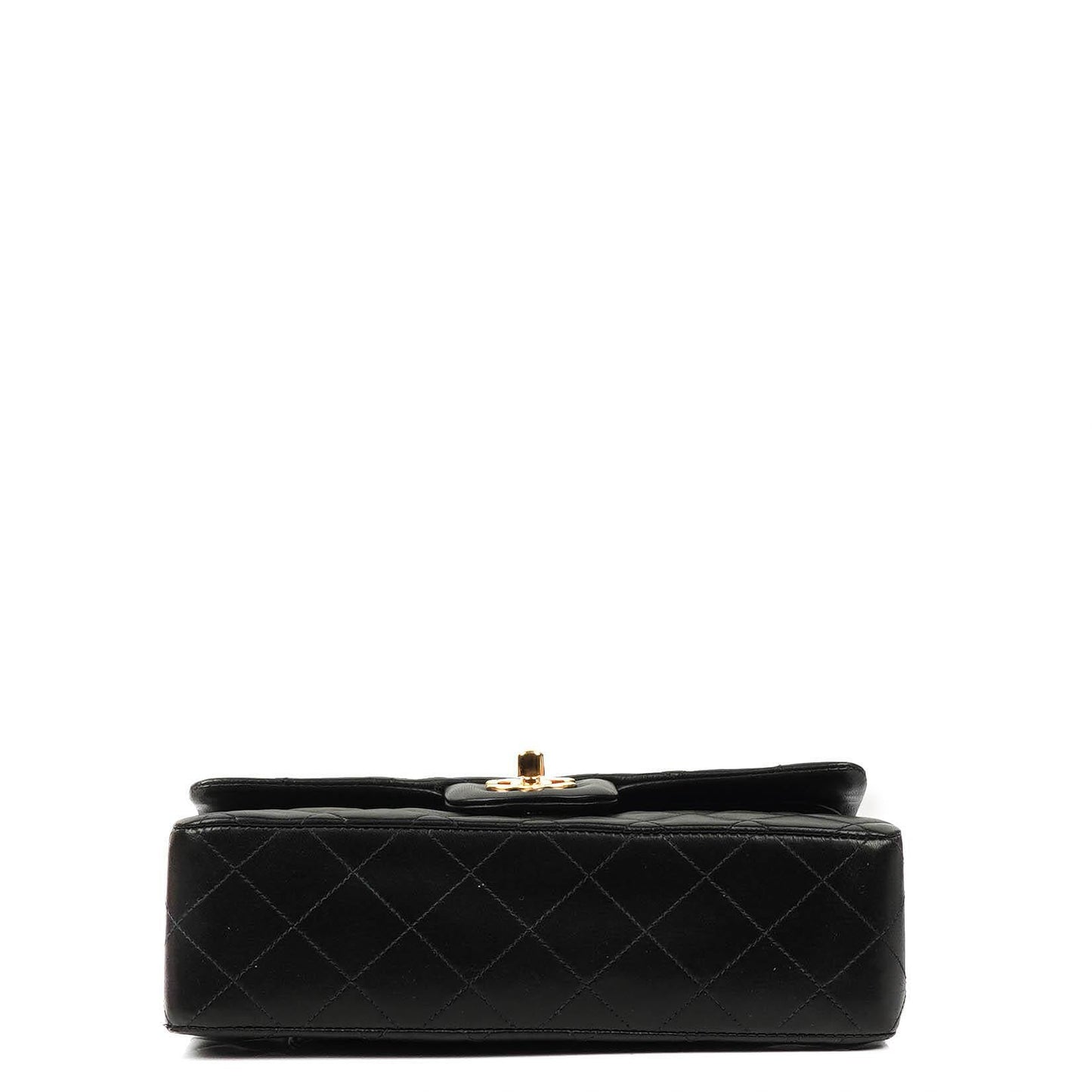 Chanel Klassische Kleine Doppelklappen-Tasche aus schwarzem, gestepptem Lammleder und 24K vergoldeten Beschlägen