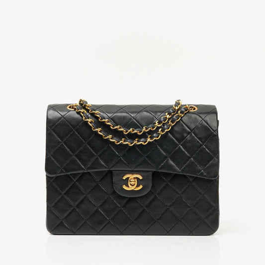 Chanel Classic Square Double Flap Tasche Schwarz Lammleder Steppung mit 24K vergoldeten Beschlägen 1986-1988