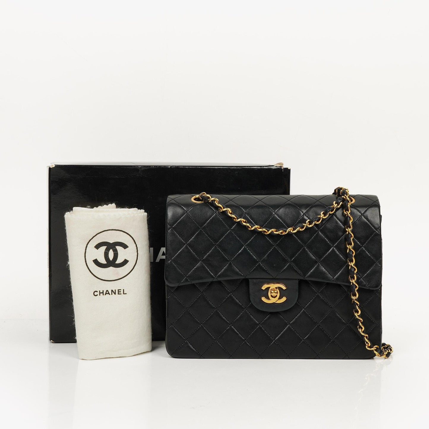 Chanel Classic Square Double Flap Tasche Schwarz Lammleder Steppung mit 24K vergoldeten Beschlägen 1986-1988