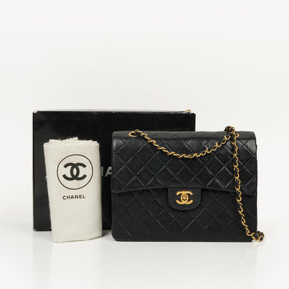 Chanel Classic Square Double Flap Tasche Schwarz Lammleder Steppung mit 24K vergoldeten Beschlägen 1986-1988