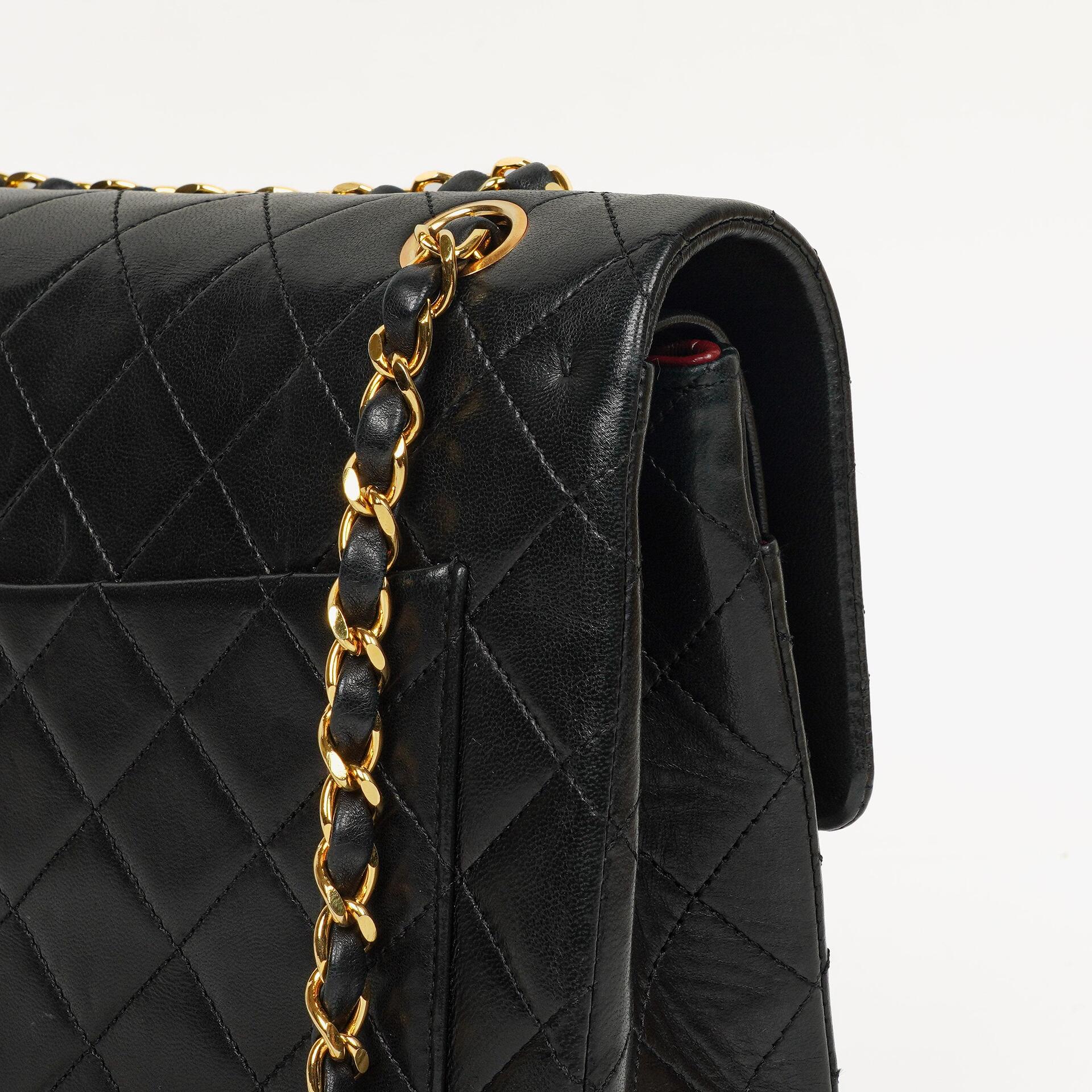 Chanel Classic Square Double Flap Tasche Schwarz Lammleder Steppung mit 24K vergoldeten Beschlägen 1986-1988