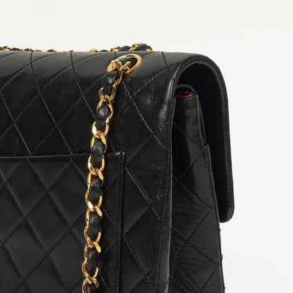 Chanel Classic Square Double Flap Tasche Schwarz Lammleder Steppung mit 24K vergoldeten Beschlägen 1986-1988