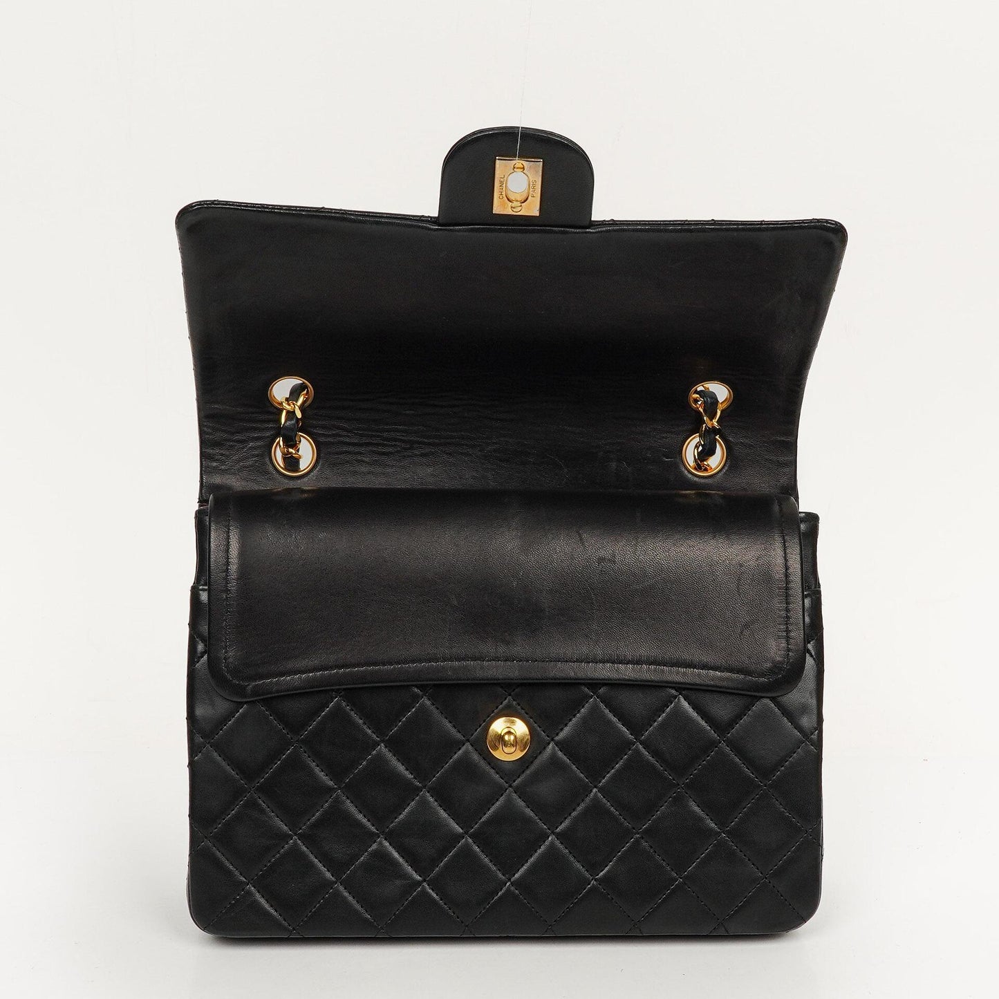 Chanel Classic Square Double Flap Tasche Schwarz Lammleder Steppung mit 24K vergoldeten Beschlägen 1986-1988