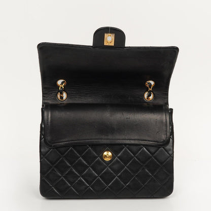 Chanel Classic Square Double Flap Tasche Schwarz Lammleder Steppung mit 24K vergoldeten Beschlägen 1986-1988