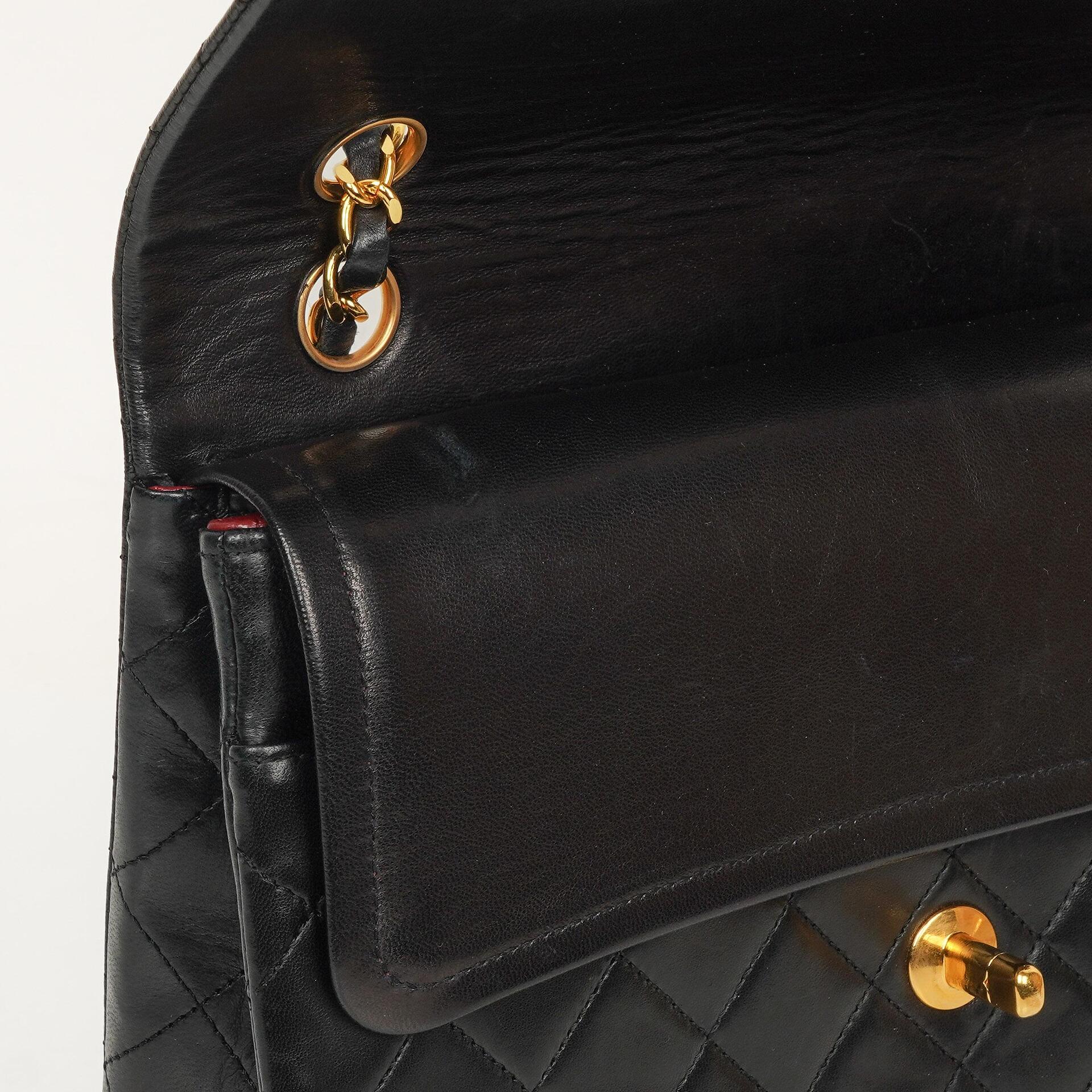 Chanel Classic Square Double Flap Tasche Schwarz Lammleder Steppung mit 24K vergoldeten Beschlägen 1986-1988