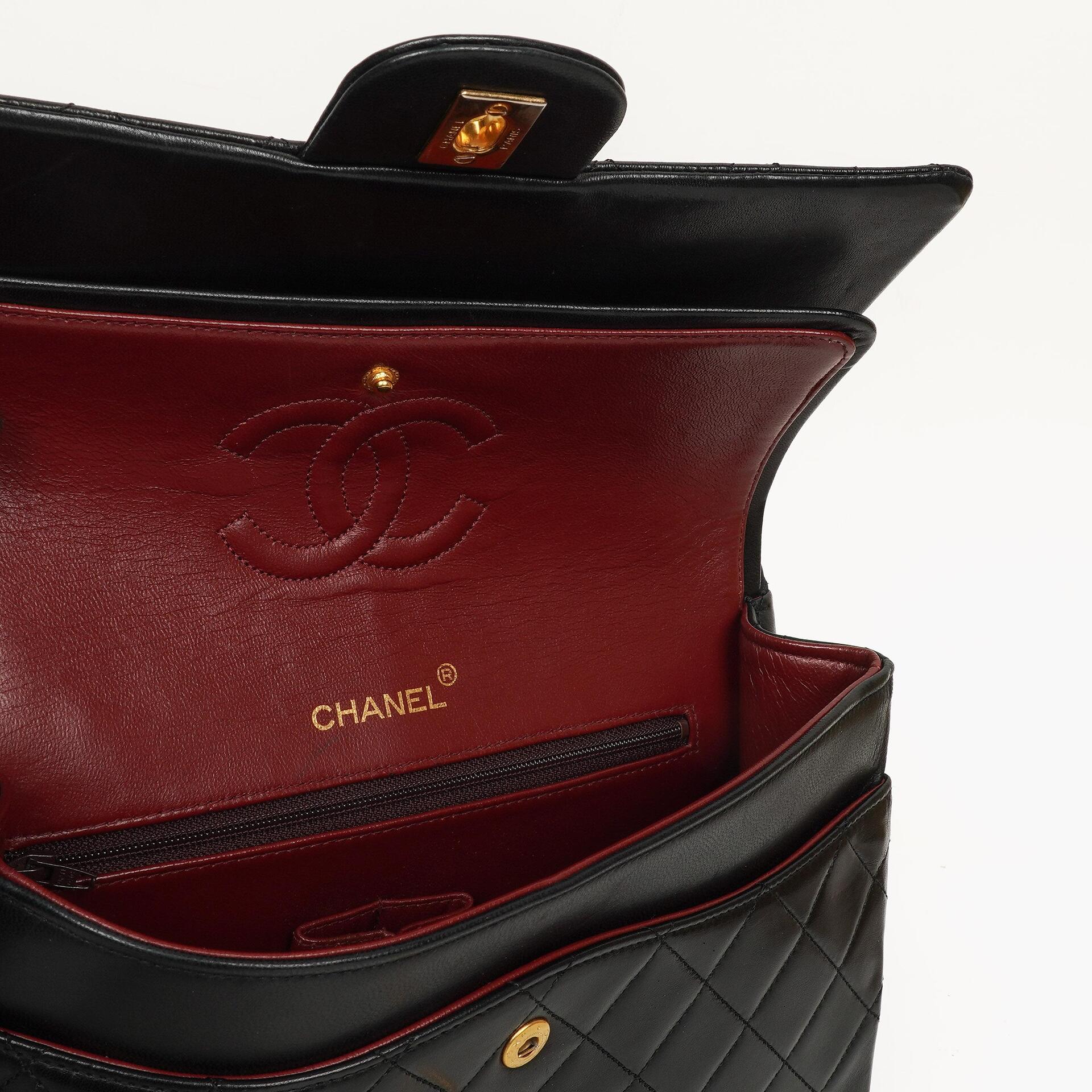 Chanel Classic Square Double Flap Tasche Schwarz Lammleder Steppung mit 24K vergoldeten Beschlägen 1986-1988