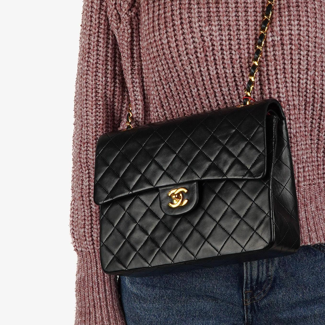 Chanel Classic Square Double Flap Tasche Schwarz Lammleder Steppung mit 24K vergoldeten Beschlägen 1986-1988