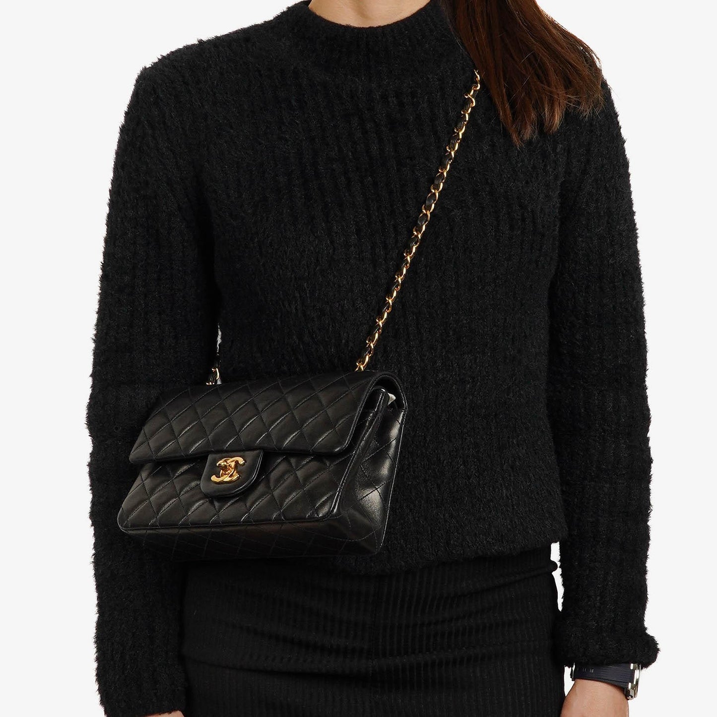 Chanel Classic Vintage Small Doppelklappen Tasche Schwarz gestepptes Lammleder mit 24K Goldplattierten Beschlägen