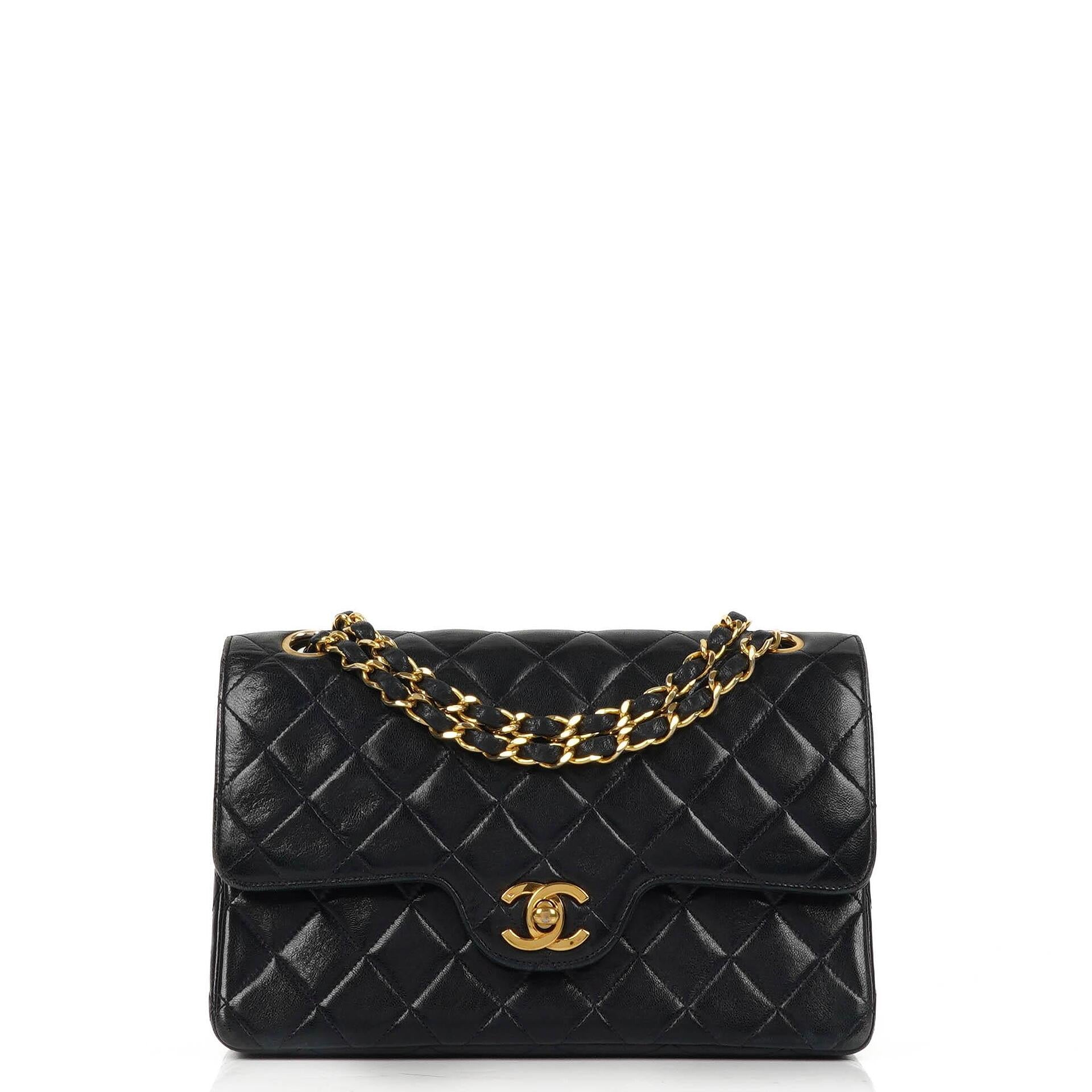 Chanel Classic Vintage Small Doppelklappen Tasche Marineblau gestepptes Lammleder mit 24K Goldplattierten Beschlägen