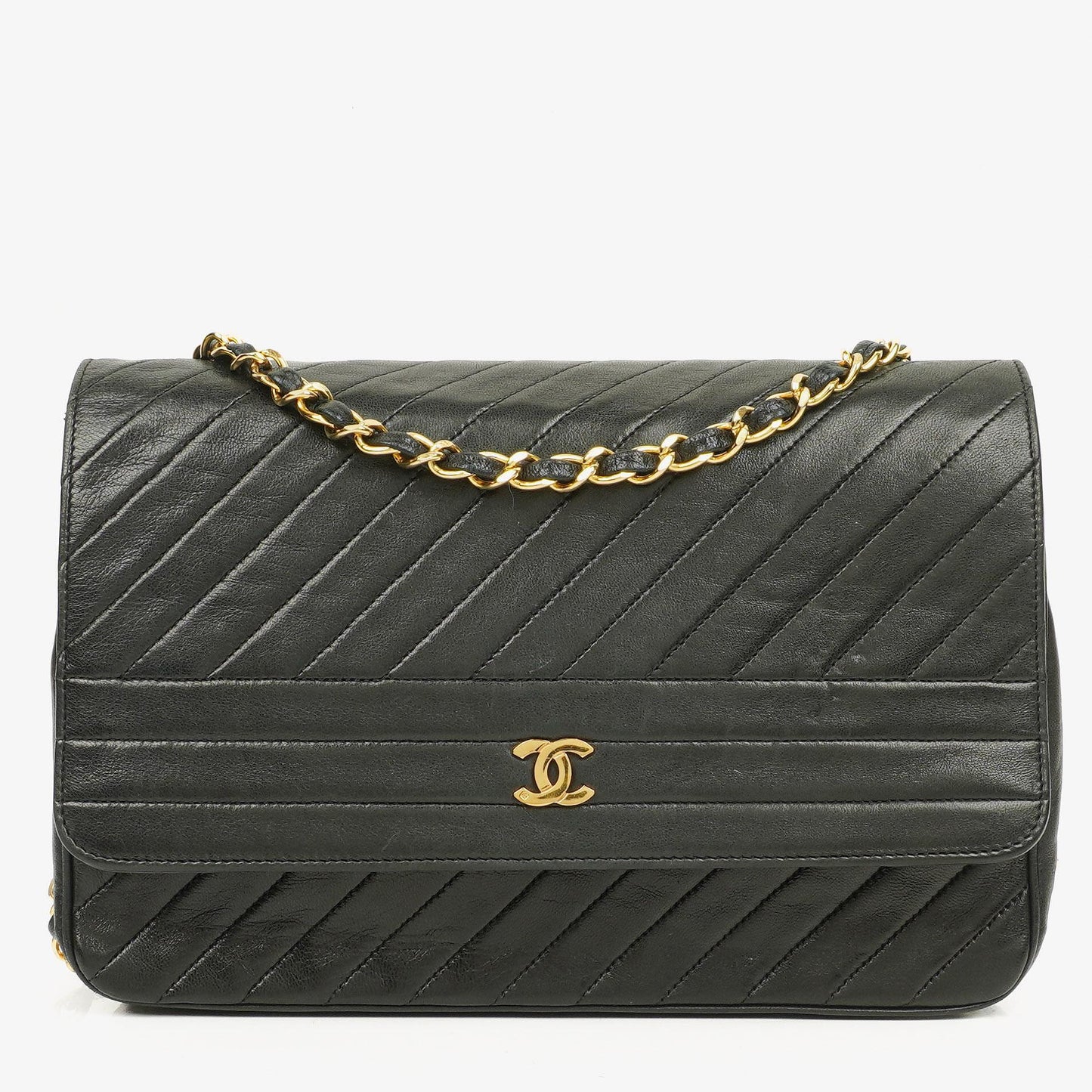 Chanel Diagonal Medium Classic Single Flap Tasche aus schwarzem gestepptem Lammleder mit 24K vergoldeter Hardware