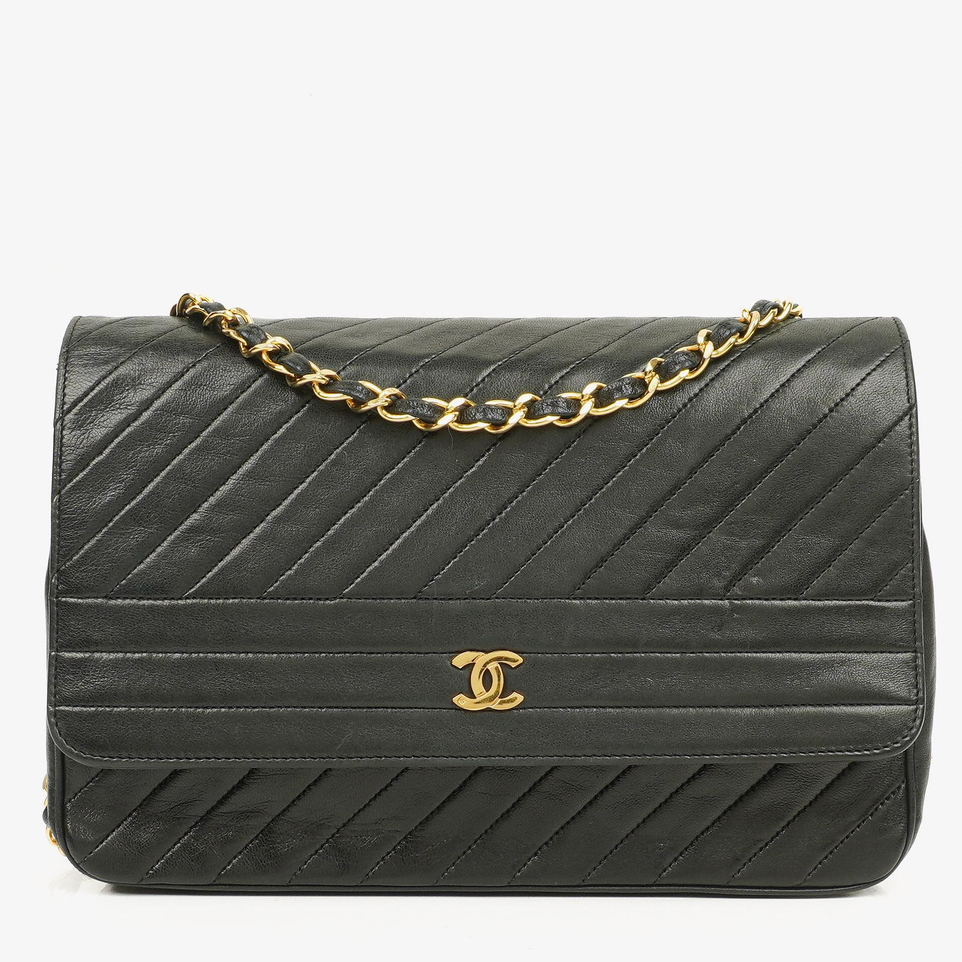 Chanel Diagonal Medium Classic Single Flap Tasche aus schwarzem gestepptem Lammleder mit 24K vergoldeter Hardware