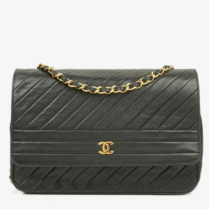 Chanel Diagonal Medium Classic Single Flap Tasche aus schwarzem gestepptem Lammleder mit 24K vergoldeter Hardware